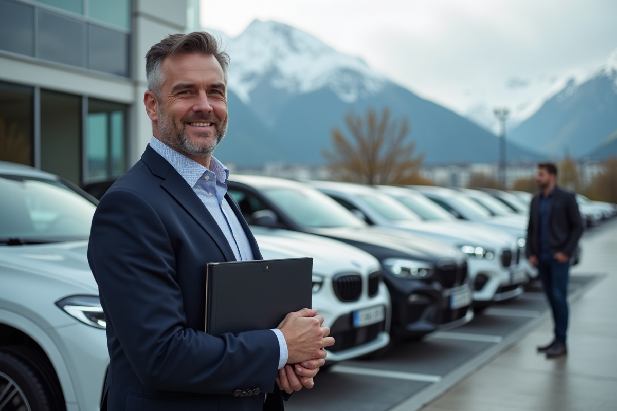 Homme daffaires parlant avec un vendeur de voitures en Suisse