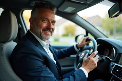 Homme d affaires dans une voiture avec ethylotest antidémarrage