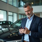 Homme d'affaires regardant son smartphone près d'une voiture