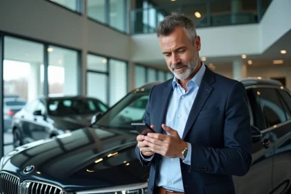 Homme d'affaires regardant son smartphone près d'une voiture