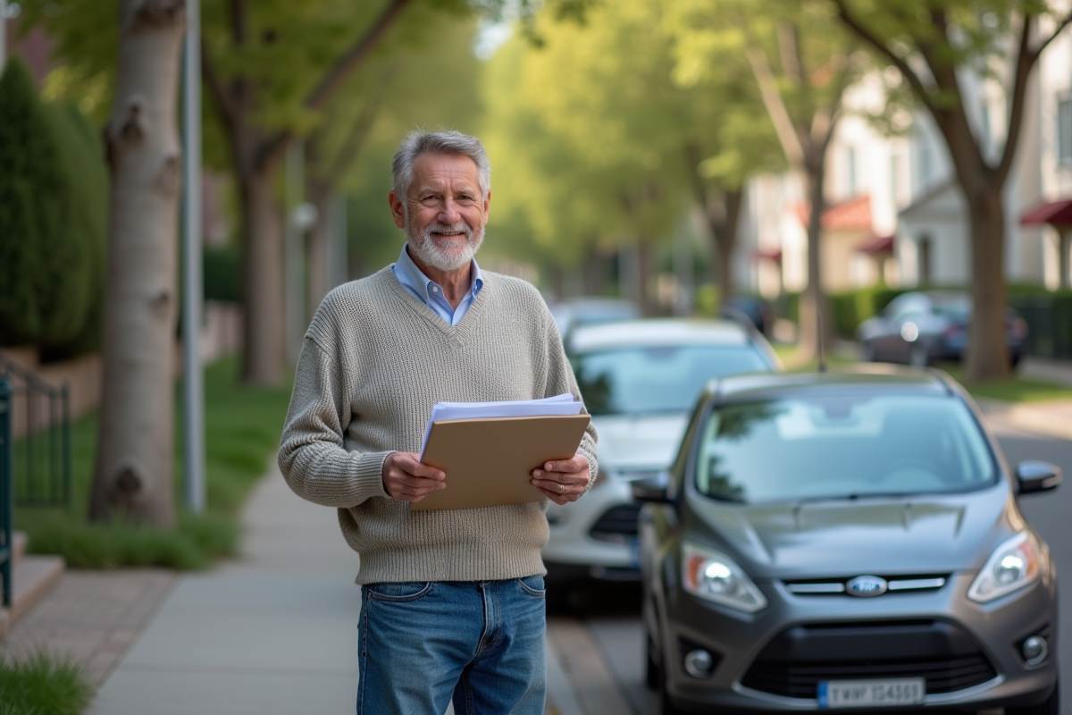 Homme avec dossier près de sa voiture dans la rue