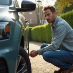 Homme examinant le passage de roue d'un SUV moderne dans une cour résidentielle
