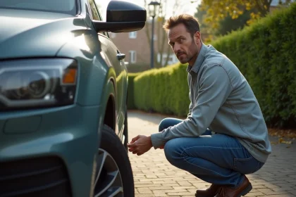 Homme examinant le passage de roue d'un SUV moderne dans une cour résidentielle