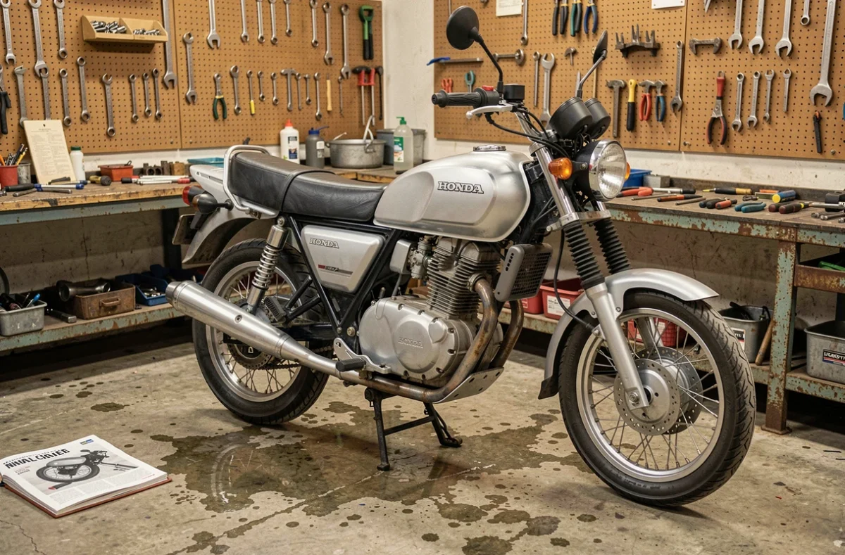 Honda XL 500 en atelier avec préparations trail : sabot moteur, guidon rehaussé et réservoir auxiliaire