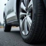 Flanc de pneu avec indice de vitesse visible sur la tranche, monté sur jante en alliage argenté