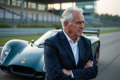 Ingenieur automobile en réflexion devant une McLaren F1 classique