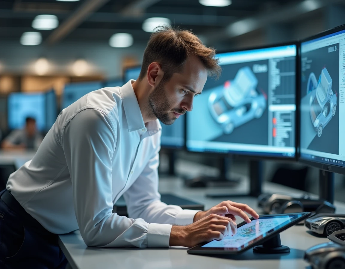 Ingénieur automobile consultant des rendus 3D de futurs modèles sur tablette dans un bureau high-tech