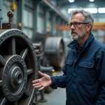 Ingénieur homme montrant une roue industrielle en usine