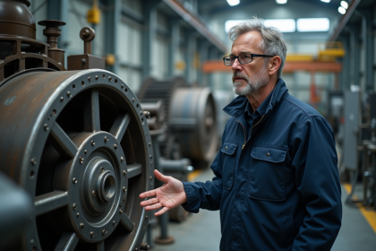 Ingénieur homme montrant une roue industrielle en usine