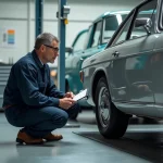 Inspecteur automobile examinant une voiture ancienne lors d'un contrôle technique dans un garage professionnel