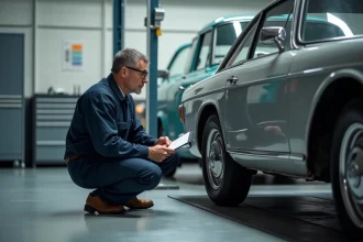 Inspecteur automobile examinant une voiture ancienne lors d'un contrôle technique dans un garage professionnel