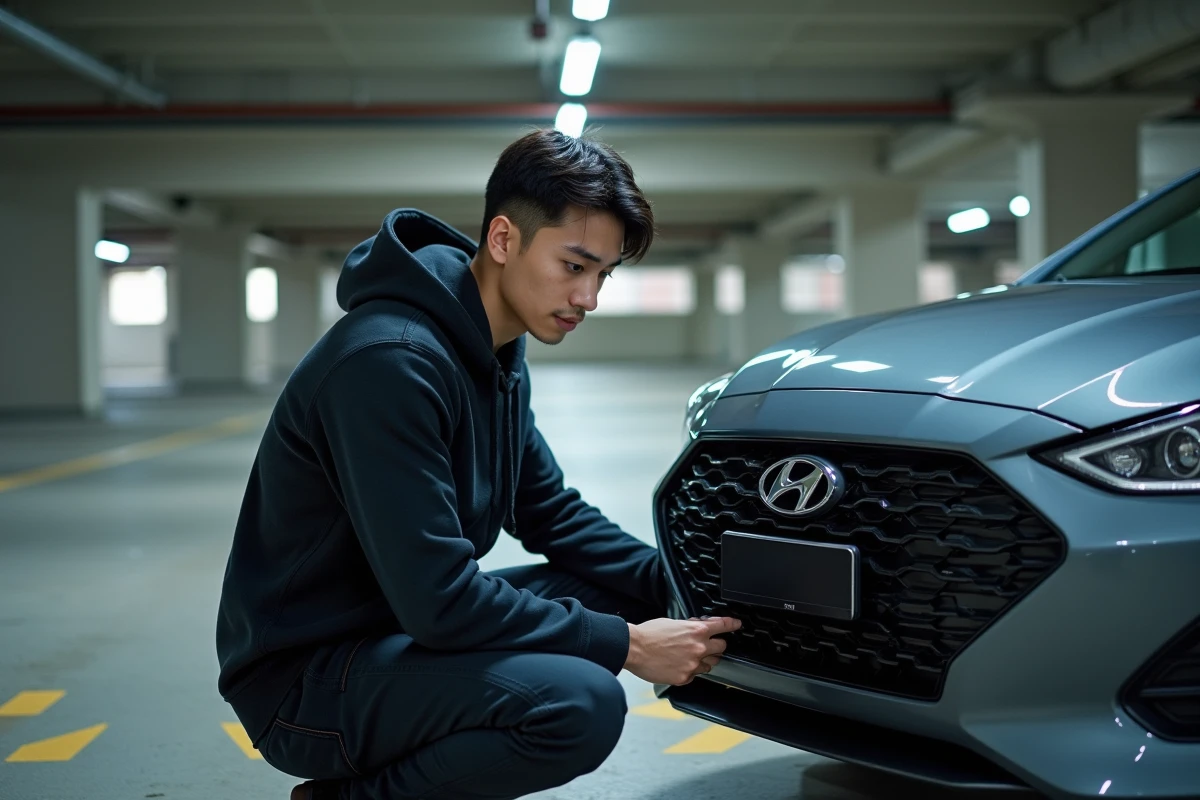 Passionné automobile inspectant de près le badge emblème Hyundai sur le capot d'une berline dans un parking urbain