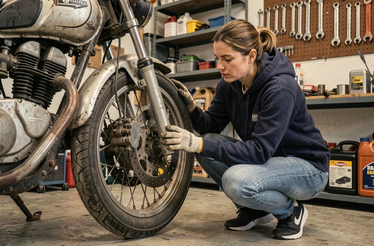 Femme inspectant mécaniquement une moto d'occasion dans un garage avant une vente sans contrôle technique