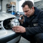 Mécanicien inspectant le bloc optique avant d'une Volkswagen Golf 4 dans un garage résidentiel