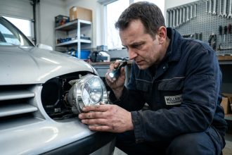 Mécanicien inspectant le bloc optique avant d'une Volkswagen Golf 4 dans un garage résidentiel