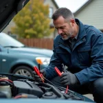 Homme inspectant des pinces de câbles de démarrage devant une voiture capot ouvert dans une allée résidentielle