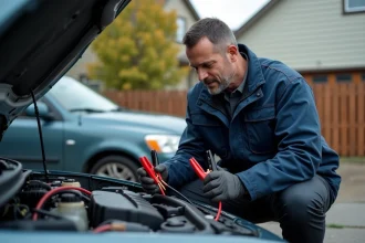Homme inspectant des pinces de câbles de démarrage devant une voiture capot ouvert dans une allée résidentielle