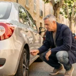 Un homme d'âge mûr inspecte attentivement une voiture sans permis d'occasion dans une rue de Montauban avant achat