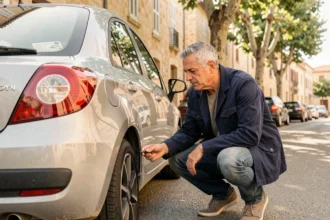Un homme d'âge mûr inspecte attentivement une voiture sans permis d'occasion dans une rue de Montauban avant achat