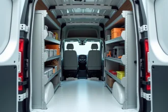 Intérieur de fourgon Renault Master aménagé avec étagères aluminium légères et rangements modulaires dans la zone de chargement