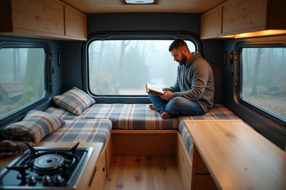 Intérieur aménagé d'un van 4x4 économique avec couchage, cuisine intégrée et homme lisant au repos