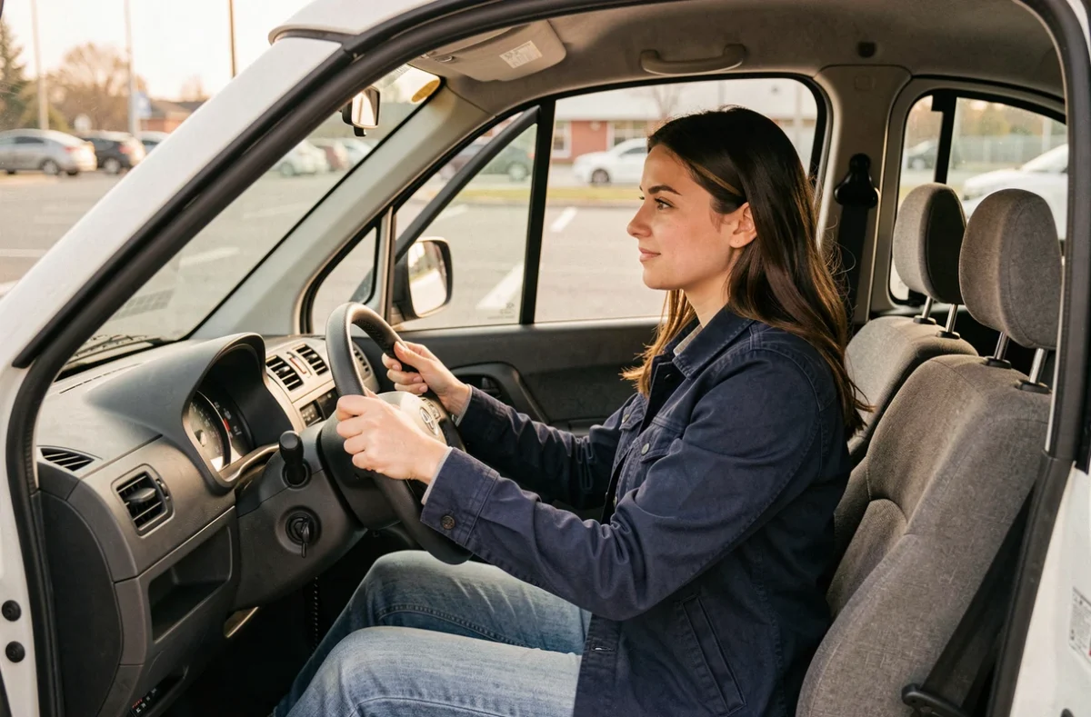 Femme au volant d'une voiture sans permis 4 places, intérieur simple avec banquette arrière visible