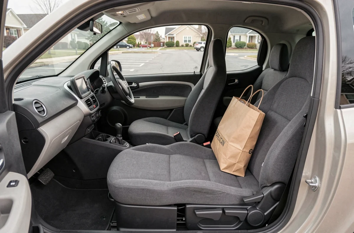 Intérieur d'une voiture sans permis 4 places avec sièges arrière et tableau de bord compact