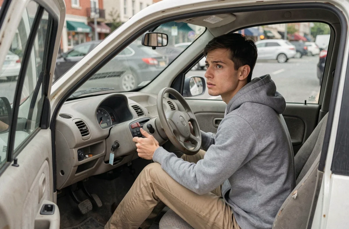 Jeune homme examinant l'intérieur d'une voiture sans permis d'occasion à petit prix