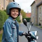 Jeune garçon souriant avec scooter en rue résidentielle