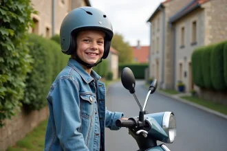 Jeune garçon souriant avec scooter en rue résidentielle