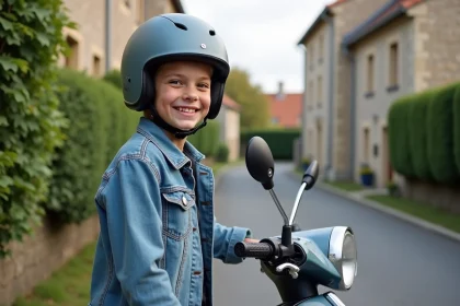 Jeune garçon souriant avec scooter en rue résidentielle
