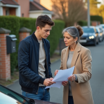 Jeune homme et sa mère près de la voiture dans la rue