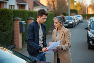 Jeune homme et sa mère près de la voiture dans la rue
