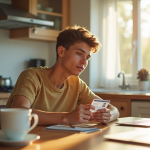 Jeune adulte tenant son permis de conduire dans la cuisine lumineuse