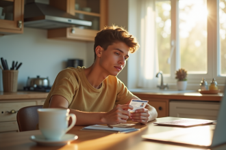 Jeune adulte tenant son permis de conduire dans la cuisine lumineuse