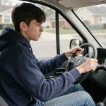 Jeune adolescent au volant d'une voiture sans permis, regardant la route avec concentration depuis l'habitacle