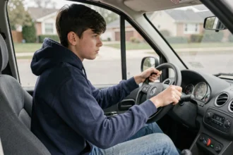 Jeune adolescent au volant d'une voiture sans permis, regardant la route avec concentration depuis l'habitacle