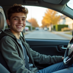 Jeune garçon souriant dans sa voiture en banlieue