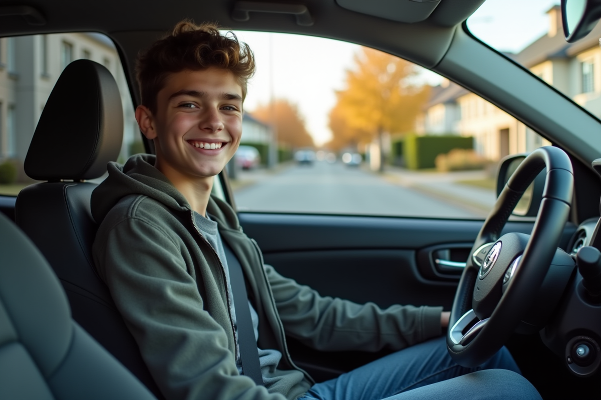 Jeune garçon souriant dans sa voiture en banlieue