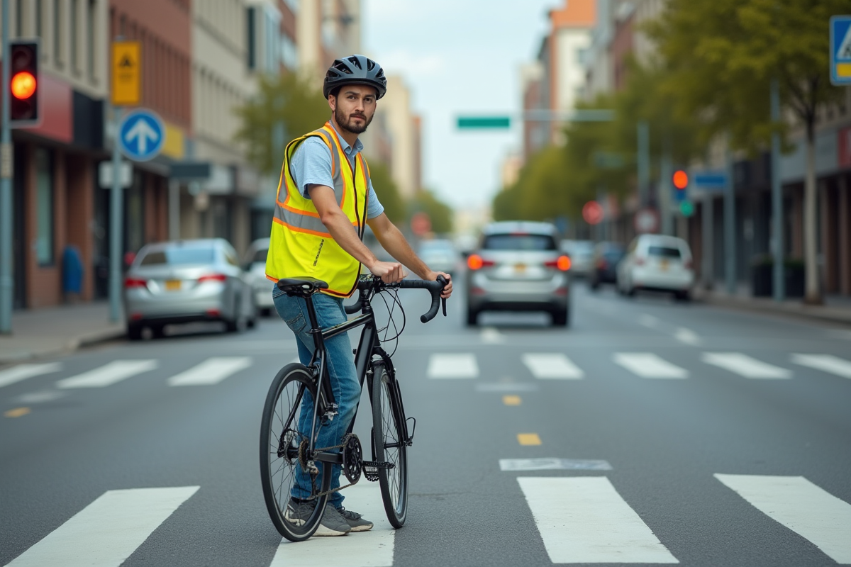 Jeune homme en gilet réfléchissant attendant au passage piéton