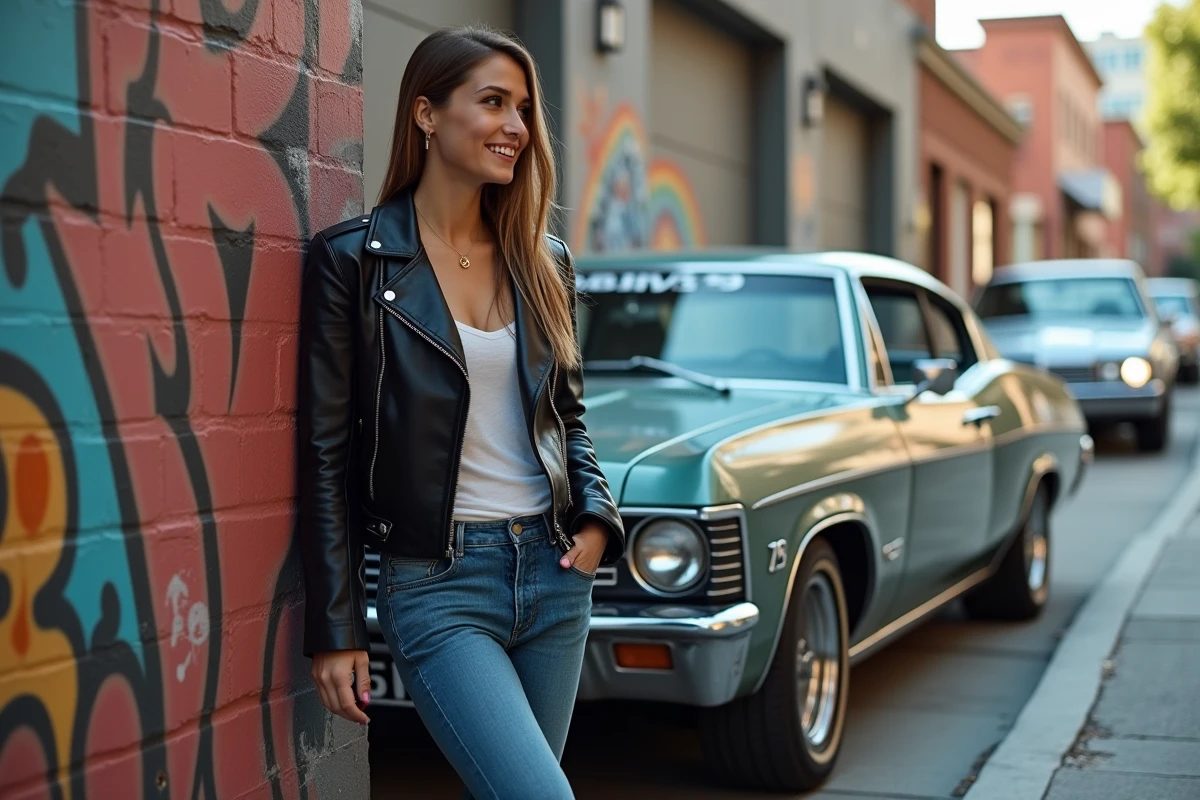 Jeune femme souriante posant avec une Impala modifiee en ville