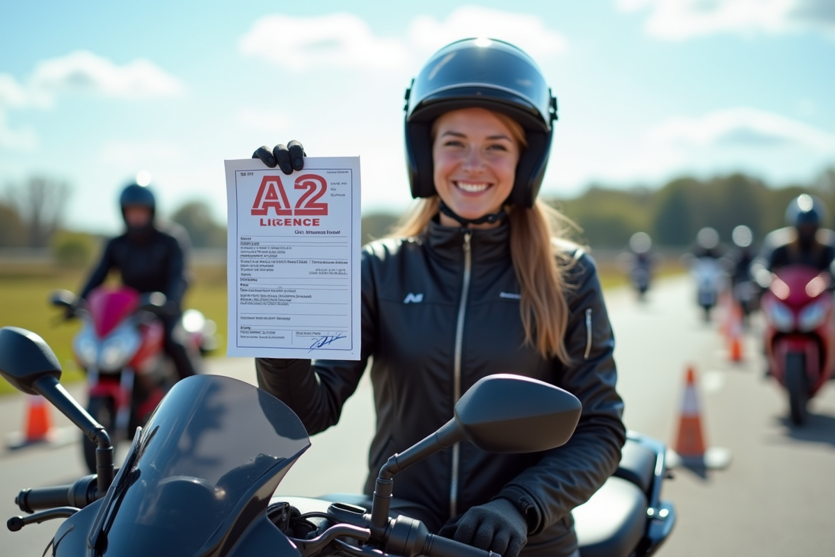 Jeune femme souriante avec casque tenant son permis A2 devant sa moto