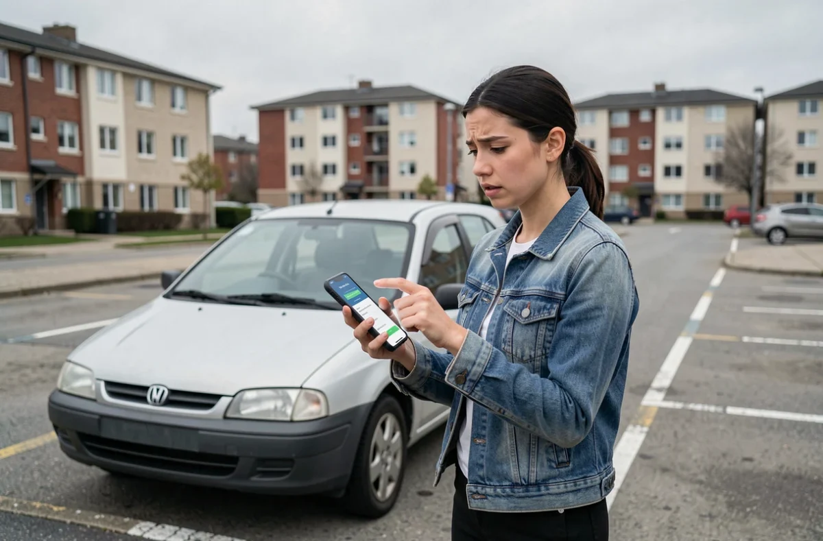 Jeune femme avec malus regardant une application d'assurance auto sur son téléphone devant sa voiture dans un parking urbain