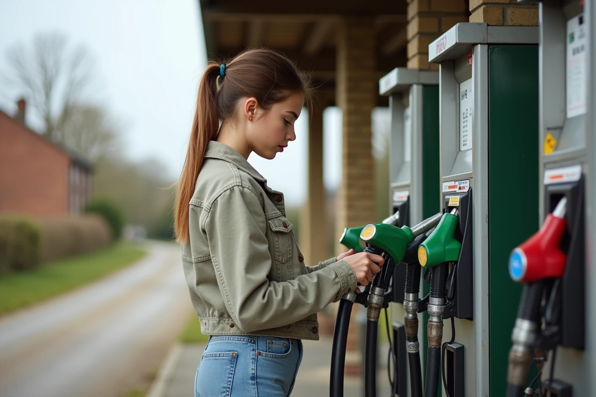Jeune femme examine étiquette sur pompe rurale