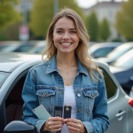 Jeune femme souriante avec permis et clé voiture devant une voiture