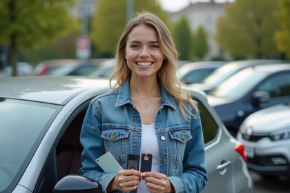 Jeune femme souriante avec permis et clé voiture devant une voiture