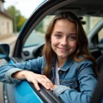 Jeune fille française en denim dans une voiture en ville