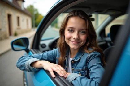 Jeune fille française en denim dans une voiture en ville