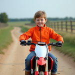 Jeune garçon de 7 ans souriant sur une petite moto tout-terrain