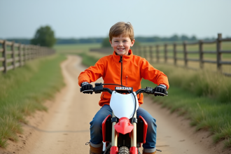 Jeune garçon de 7 ans souriant sur une petite moto tout-terrain